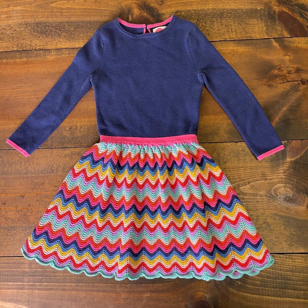 Mini Boden Cotton Blend Navy Chevron Print Colorful Skirt Knit Dress Size 3-4Y